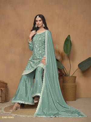 Aqua blue embroidered chinon silk palazzo suit 3