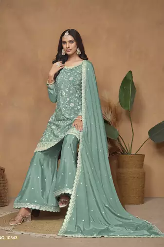 Aqua blue embroidered chinon silk palazzo suit