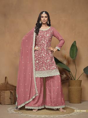 Peach embroidered chinon silk palazzo suit 1