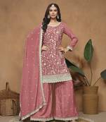 Peach embroidered chinon silk semi stitched palazzo suit