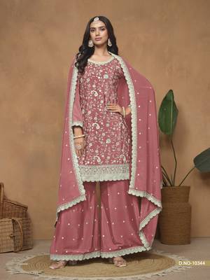 Peach embroidered chinon silk palazzo suit 2