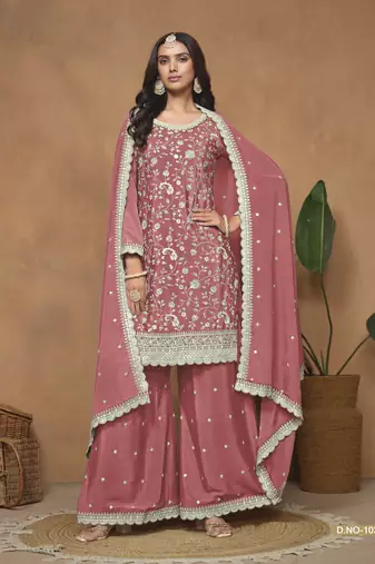 Peach embroidered chinon silk palazzo suit