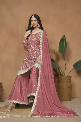 Peach embroidered chinon silk palazzo suit