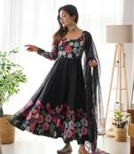 Floral Printed Organza Anarkali Kurta With Cotton Silk Pant And Dupatta