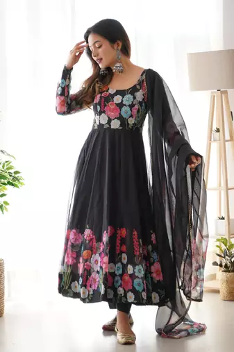 Floral Printed Organza Anarkali Kurta With Cotton Silk Pant And Dupatta