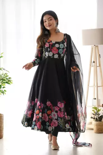 Floral Printed Organza Anarkali Kurta With Cotton Silk Pant And Dupatta
