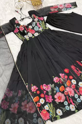 Floral Printed Organza Anarkali Kurta With Cotton Silk Pant And Dupatta