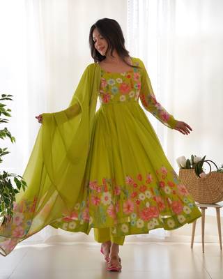 Lime Green Organza  Anarkali Set With Digital Floral Print 1