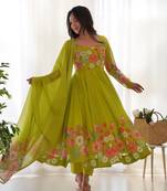 Lime Green Organza  Anarkali Set With Digital Floral Print
