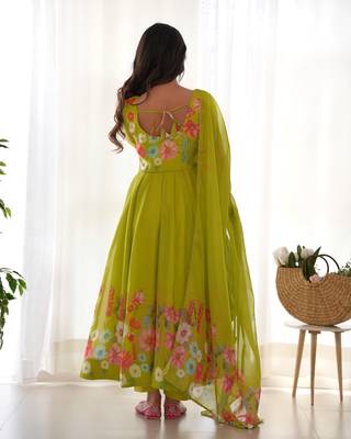 Lime Green Organza  Anarkali Set With Digital Floral Print 2