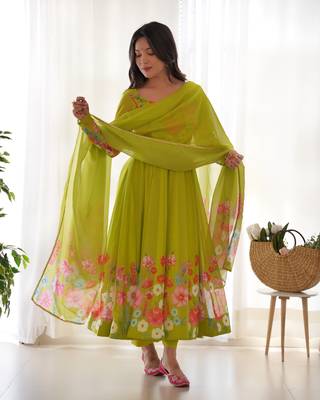 Lime Green Organza  Anarkali Set With Digital Floral Print 3