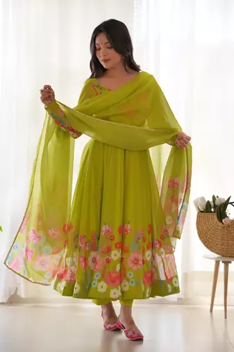 Lime Green Organza  Anarkali Set With Digital Floral Print