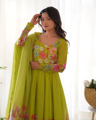 Lime Green Organza  Anarkali Set With Digital Floral Print 4