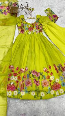Lime Green Organza  Anarkali Set With Digital Floral Print 5