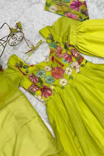 Lime Green Organza  Anarkali Set With Digital Floral Print