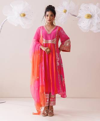 Pink and orange dori work kurta set 1