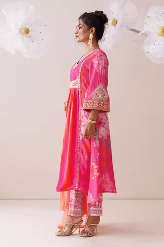Pink and orange dori work kurta set