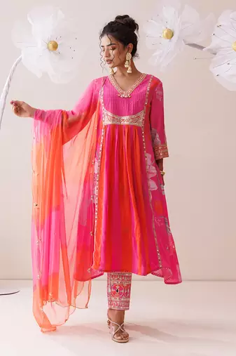 Pink and orange dori work kurta set