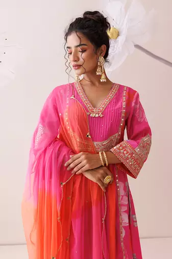 Pink and orange dori work kurta set