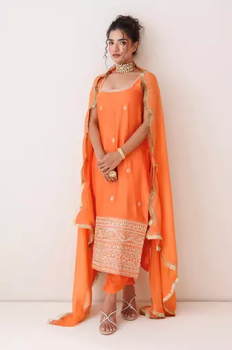 Orange square neck kurta set
