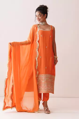 Orange square neck kurta set