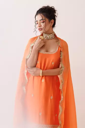 Orange square neck kurta set