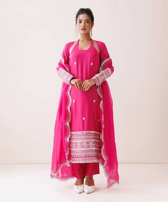 Hot pink chanderi halter neck kurta set 1