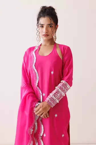 Hot pink chanderi halter neck kurta set