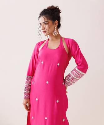 Hot pink chanderi halter neck kurta set 3