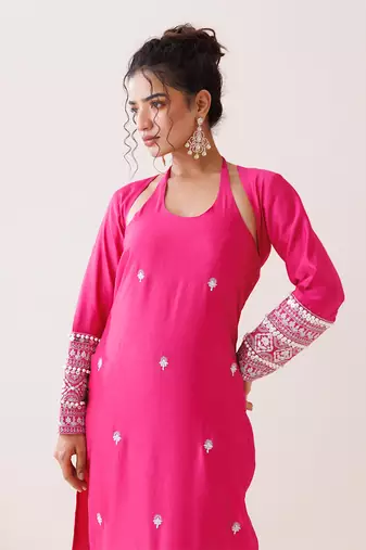 Hot pink chanderi halter neck kurta set