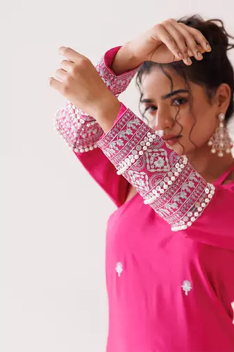 Hot pink chanderi halter neck kurta set