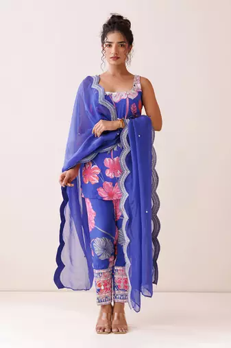 Blue square neck kurta set