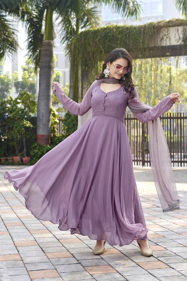 Fox Georgette Fabric Fully Flair Anarkali Gown With Dupatta And Pent