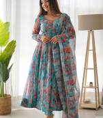 Organza Silk Fabric Fully Flair Kali Pattern Anarkali Kurti With Waist Belt Dupatta And Pent