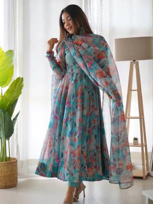 Organza Silk Fabric Fully Flair Kali Pattern Anarkali Kurti With Waist Belt Dupatta And Pent 2