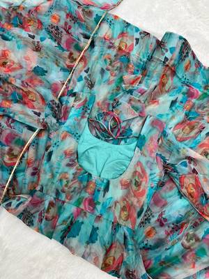 Organza Silk Fabric Fully Flair Kali Pattern Anarkali Kurti With Waist Belt Dupatta And Pent 5