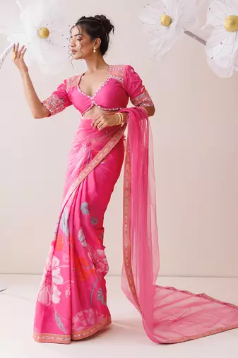 Pink net saree