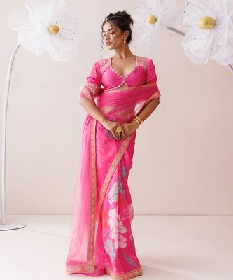 Pink net saree 3