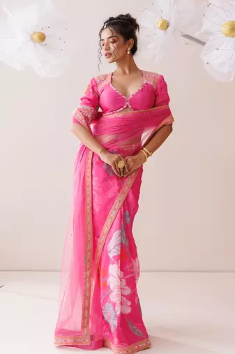 Pink net saree