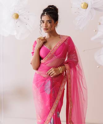 Pink net saree 4