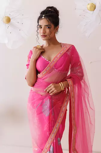 Pink net saree