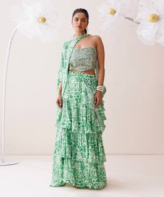Ivory crepe fern saree 1