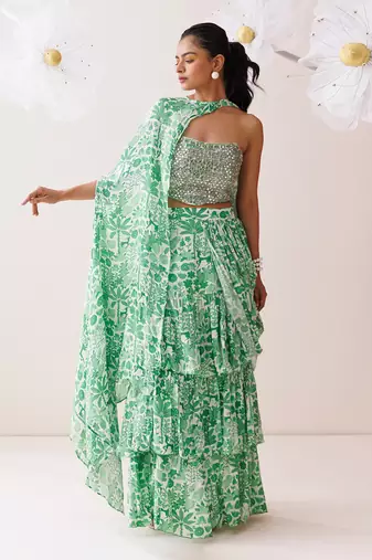 Ivory crepe fern saree