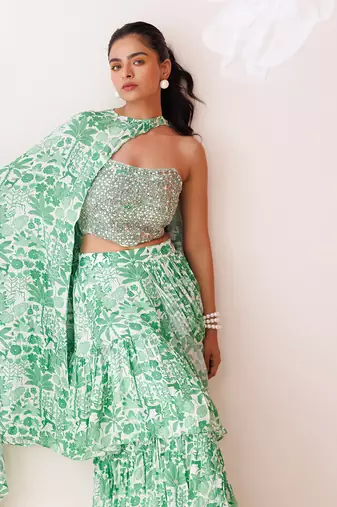 Ivory crepe fern saree