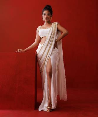 Ivory crepe slit saree 1