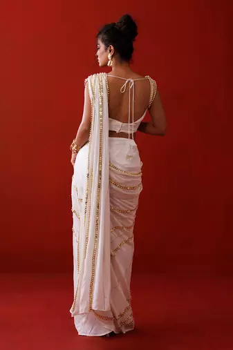 Ivory crepe slit saree