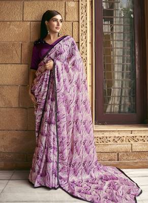 Purple sparking satin silk printed saree with unstitched blouse 1