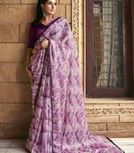 Purple sparking satin silk printed saree with unstitched blouse
