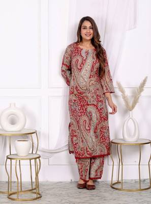 Women's cotton co-ord-set red paisley print with long kurta and pant 3