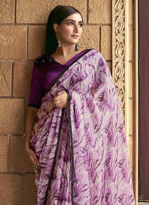 Purple sparking satin silk printed saree with unstitched blouse 2